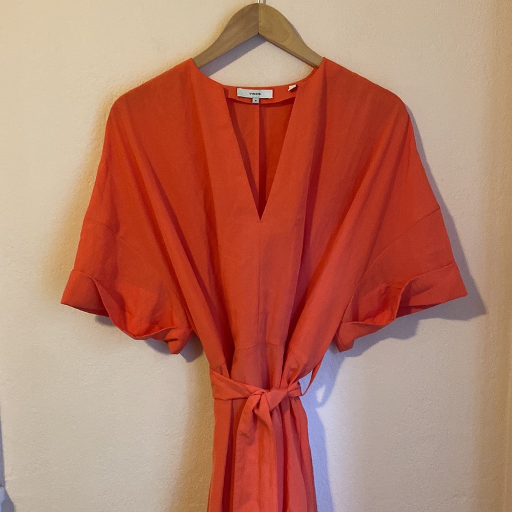 Vince v neck short cuff sleeve belted oversized dress burnt orchid Medium - Picture 6 of 10